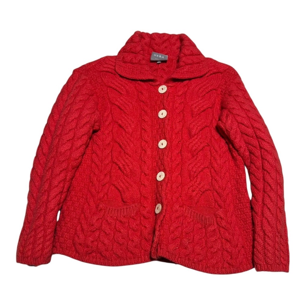 Aran Woollen Mills Salomon Red Cardigan Merino Wool Button Sweater Womens M Flaw